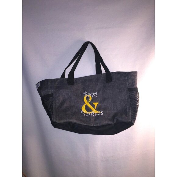 Thirty-One Bows & Brushes Grey Canvas Tote Bag Yellow & White Embroidery Pockets - Picture 1 of 11